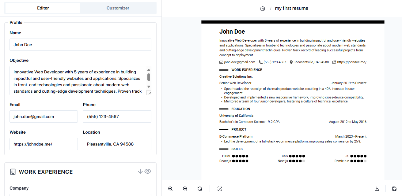 The dashboard of Resumaker